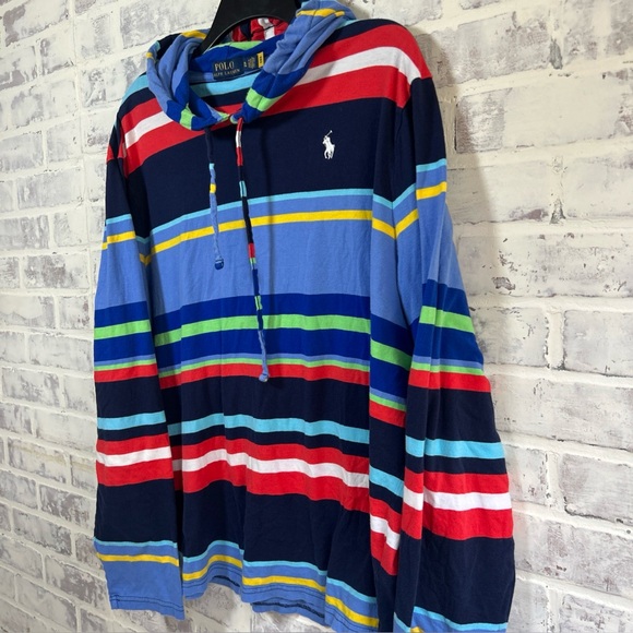 Polo Ralph Lauren Mens XL Striped Blue Jersey Hoodie Long Sleeve TShirt Pullover - Picture 2 of 7